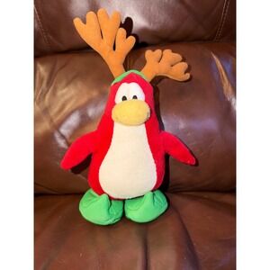 Club Penguin Reindeer Penguin Plush Toy Disney JAKKS Pacific Red Green